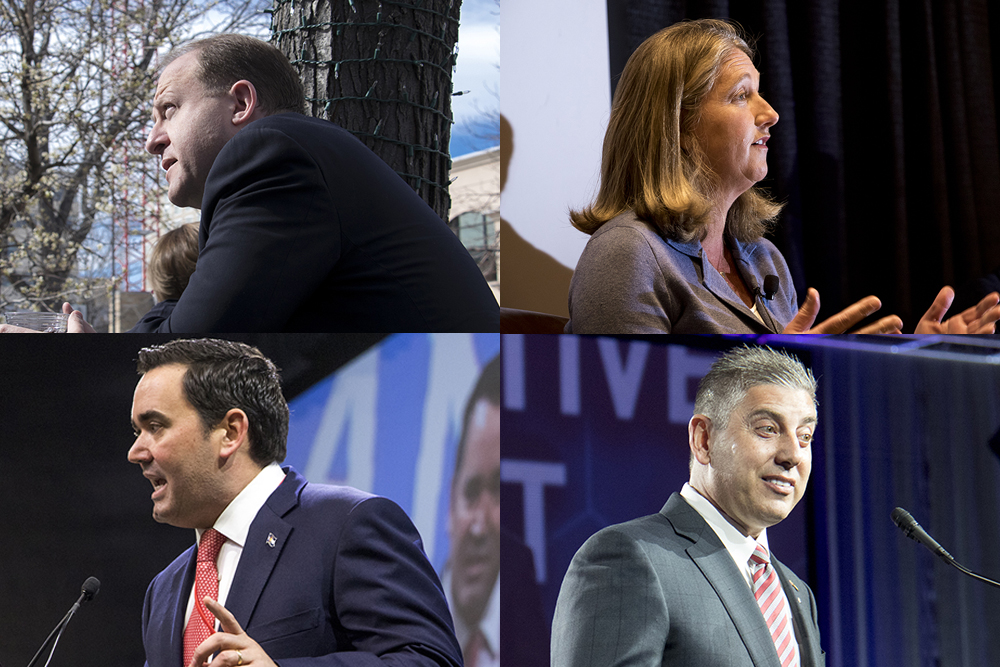 Colorado gubernatorial candidates Jared Polis (clockwise from top right), Cary Kennedy, Victor MItchell and Walker Stapleton. (Kevin J. Beaty/Denverite)
