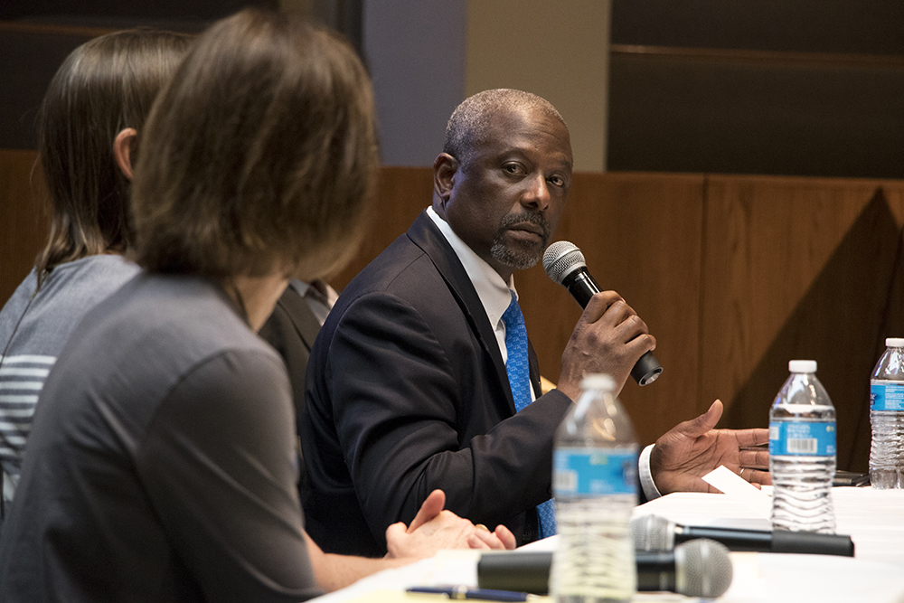 CD1 candidate Casper Stockham speaks on behalf of gubernatorial candidate Greg Lopez at a forum on homelessness and housing at the Shorter Community AME Church, May 31, 2018. (Kevin J. Beaty/Denverite)