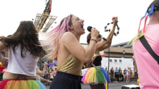 A band plays on a float cruising the Denver PrideFest parade, June 17, 2018. (Kevin J. Beaty/Denverite)
