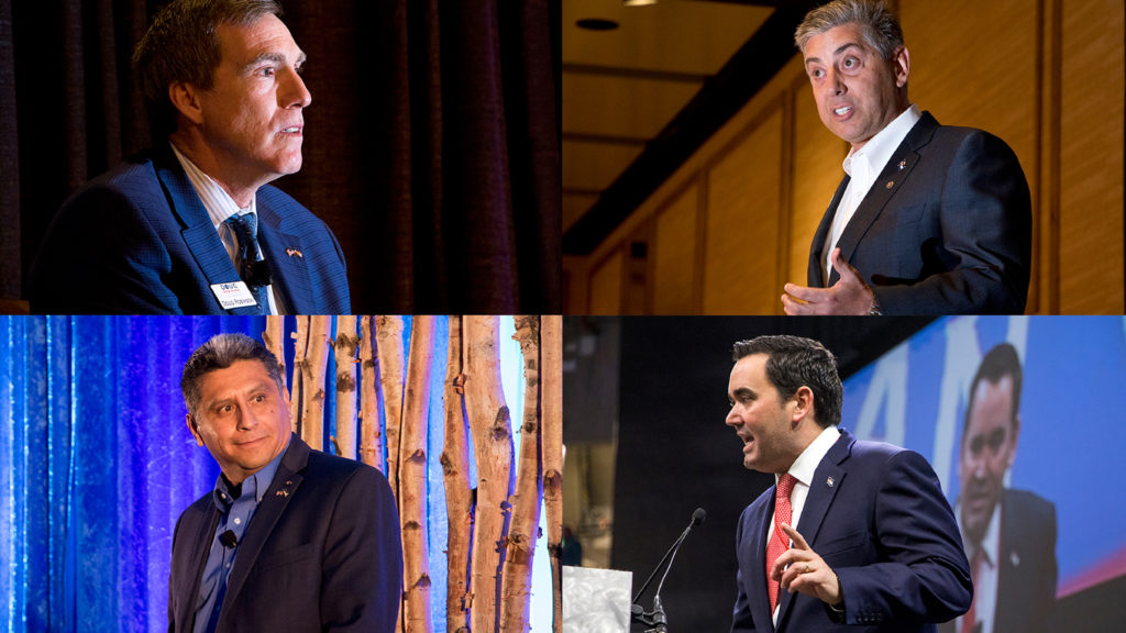 Republican gubernatorial candidates Doug Robinson (clockwise from top left), Victor Mitchell, Walker Stapleton and Greg Lopez. (Kevin J. Beaty/Denverite)