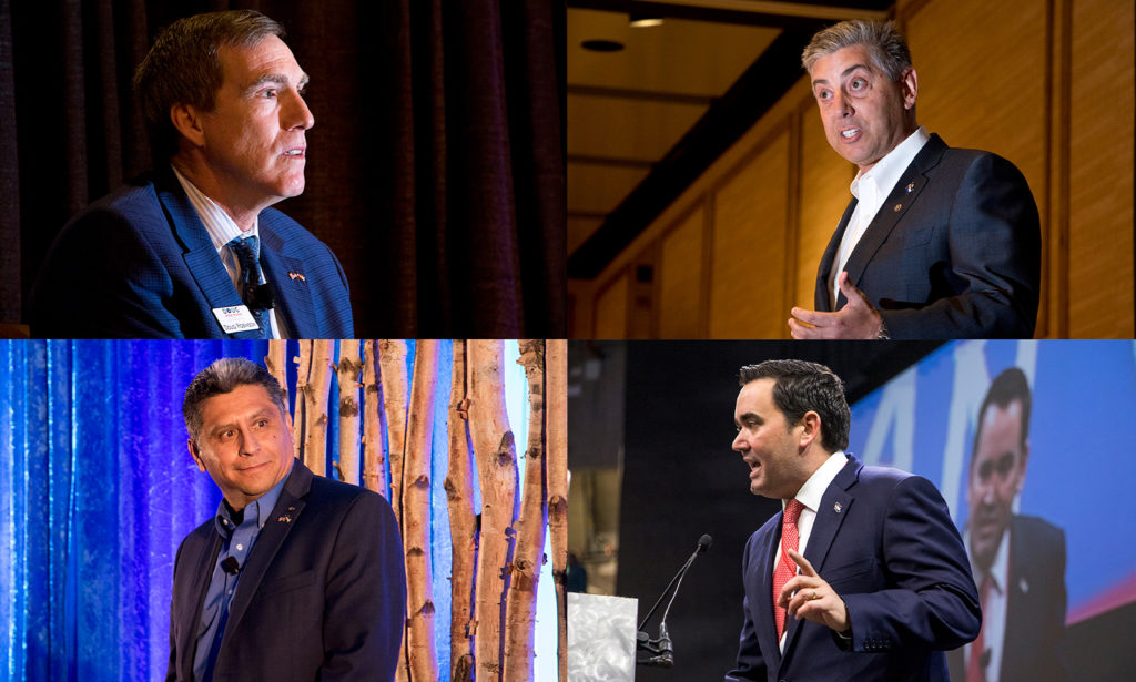 Republican gubernatorial candidates Doug Robinson (clockwise from top left), Victor Mitchell, Walker Stapleton and Greg Lopez. (Kevin J. Beaty/Denverite)