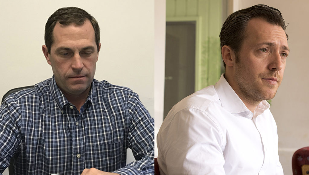 District 6 congressional candidates Jason Crow (left) and Levi Tillemann. (Kevin J. Beaty and Esteban L. Hernandez/Denverite)