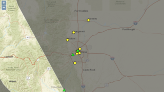 A screenshot from the EPA's AirNow map showing good to moderate air quality conditions along the Front Range.