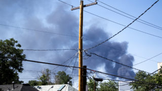 Plumes of smoke from a recycling center fire in Adams County, seen from Five Points, July 10, 2018. (Kevin J. Beaty/Denverite)