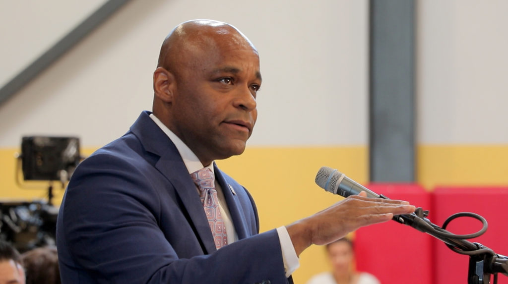 Mayor Michael Hancock makes his State of the City address at the Carla Madison Recreation Center, July 16, 2018. (Kevin J. Beaty/Denverite)