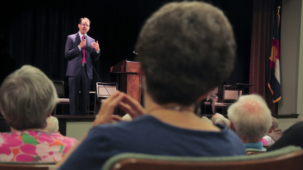 Colorado Attorney General candidate Phil Weiser speaks at a forum at the Windcrest Retirement Community in Highlands Ranch, July 31, 2018. (Kevin J. Beaty/Denverite)