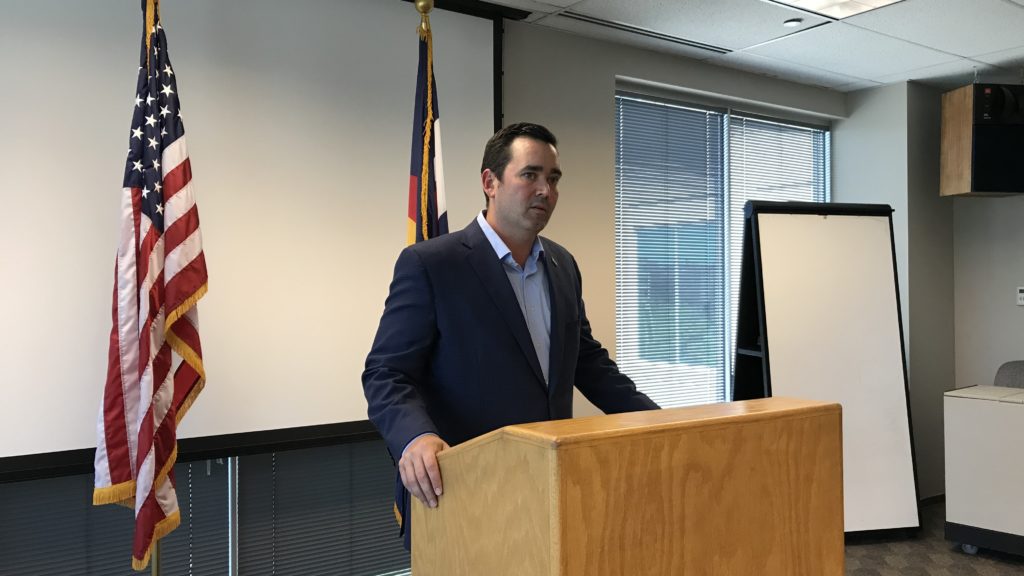 Republican gubernatorial candidate and State Treasurer Walker Stapleton during a press conference at the Colorado Farm Bureau on Thursday, July 19, 2018, in Centennial. (Esteban L. Hernandez/Denverite)