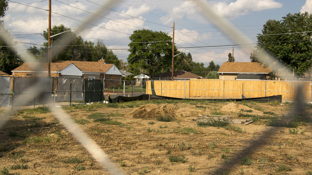 The Park Hill Commons development site on Fairfax Street, North Park Hill, Aug. 7, 2018. (Kevin J. Beaty/Denverite)