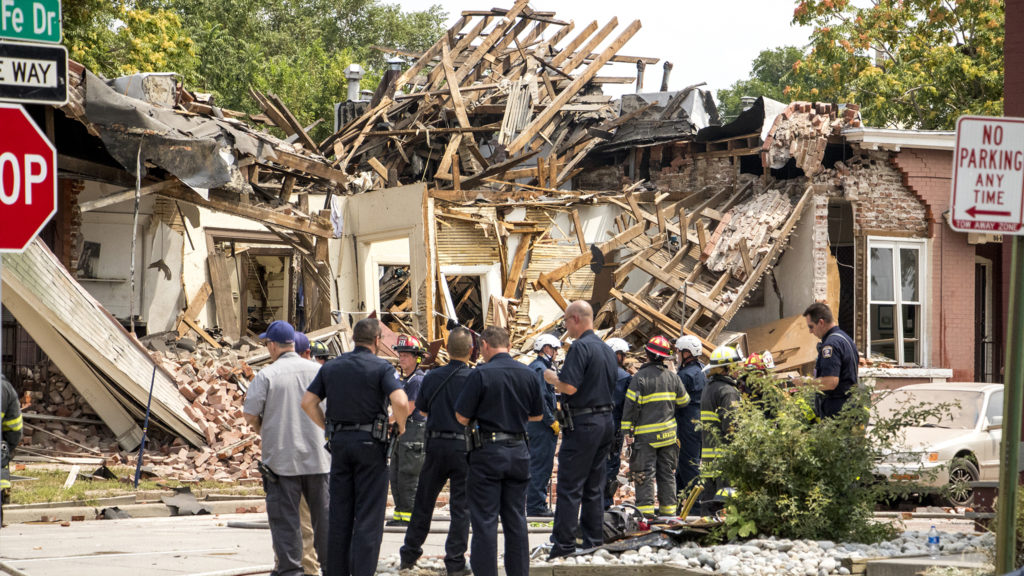 A home explosion on Santa Fe Drive in Denver's Baker neighborhood, Aug. 14, 2018. (Kevin J. Beaty/Denverite)