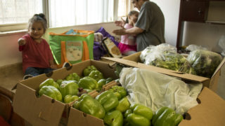 Antonia Montoya plays with her grandkids, Nathan (left) and Angelina in the Globeville Recreation Center after a community food bank run by the Birdseed Collective wrapped up for the day, Aug. 20, 2018. Denver Food Rescue partners with BirdSeed and others to get nutritious food to people who need it. (Kevin J. Beaty/Denverite)