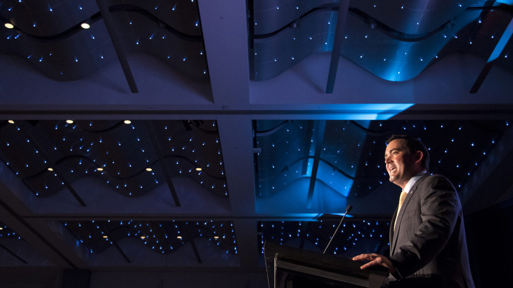 Republican gubernatorial candidate Walker Stapleton speaks at the Colorado Oil and Gas Association's annual energy summit at the Colorado Convention Center, Aug. 22, 2018. (Kevin J. Beaty/Denverite)