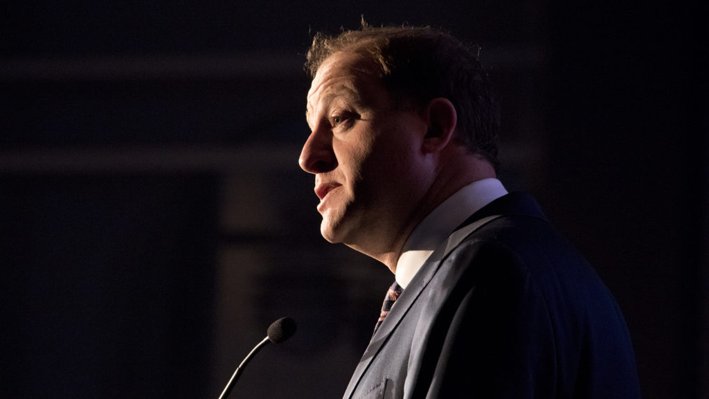 Democratic gubernatorial candidate Jared Polis speaks at the Colorado Oil and Gas Association's annual energy summit at the Colorado Convention Center, Aug. 22, 2018. (Kevin J. Beaty/Denverite)