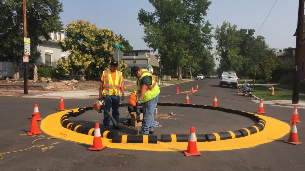 Traffic circle installation in West Highland. (Courtesy of DPW)