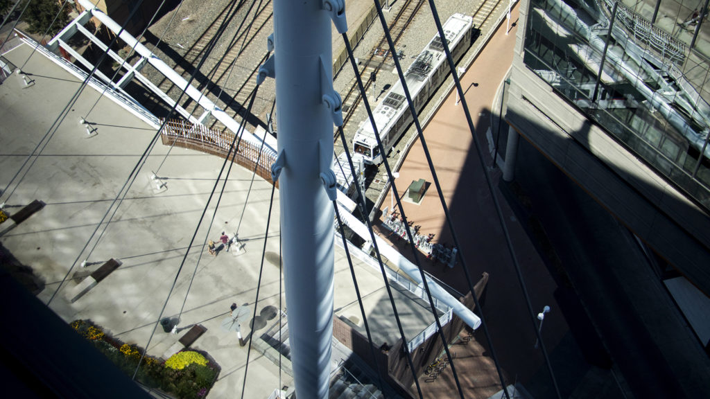 A view of the Millennium Bridge from atop the DaVita Kidney Care building downtown, Sept. 9, 2018. (Kevin J. Beaty/Denverite)