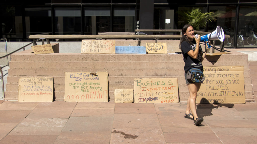 Terese Howard speaks as Denver Homeless Out Loud holds a rally opposing Business Improvement Districts' policies that they say marginalize people experiencing homelessness, Sept. 18, 2018. (Kevin J. Beaty/Denverite)