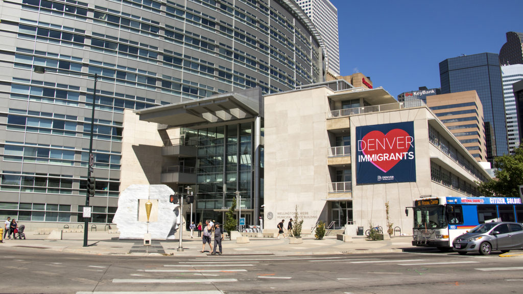 Denver's second sign proclaiming the city's love for immigrants, Sept. 19, 2018. (Kevin J. Beaty/Denverite)