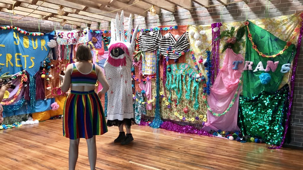 A photo booth created by Denver-based Secret Love Collective at Meow Wolf's community meeting to unveil its corporate social responsibility plan. Sept. 23, 2018. (Ashley Dean/Denverite)