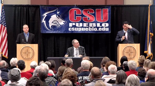 Gubernatorial candidates Jared Polis and Walker Stapleton face off in their fourth debate at Colorado State University-Pueblo, Oct. 8, 2018. (Courtesy: Center for New Media at Pueblo Community College)