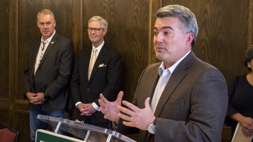 Sen. Cory Gardner speaks during a press conference with Secretary of the Interior Ryan Zinke and Rep. Ed Perlmutter to announce a new partnership between the Colorado School of Mines and U.S. Geological Survey. Denver Athletic Club, Oct. 22, 2018. (Kevin J. Beaty/Denverite)