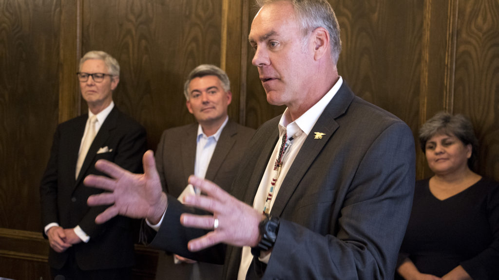 Secretary of the Interior Ryan Zinke speaks at a press conference with Rep. Ed Perlmutter and Sen. Cory Gardner to announce a new partnership between the Colorado School of Mines and U.S. Geological Survey. Denver Athletic Club, Oct. 22, 2018. (Kevin J. Beaty/Denverite)