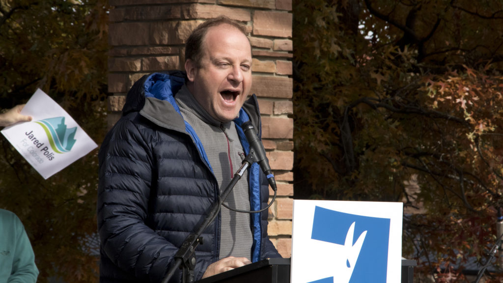 Democratic gubernatorial candidate Jared Polis speaks during a Bernie Sanders rally at CU Boulder, Oct. 24, 2018. (Kevin J. Beaty/Denverite)