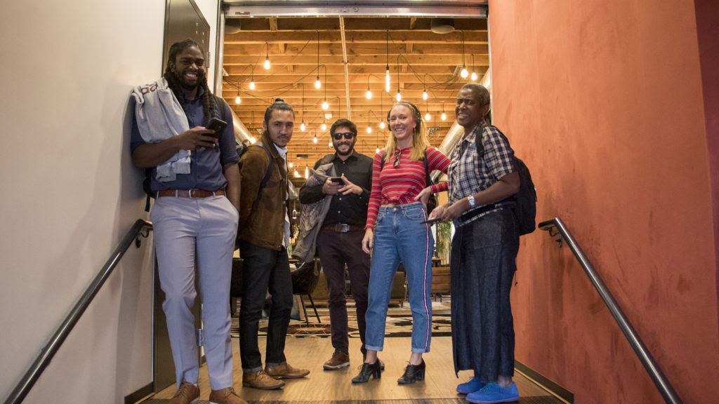 The Denverite news crew ready for the Great Denver Transportation Race – except Kevin. He's taking the photo. Oct. 25, 2018. (Kevin J. Beaty/Denverite)