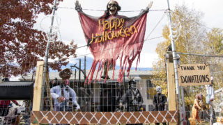 Homemade ghouls in front of Johnny Lee Sandoval's Mar Lee home, Oct. 27, 2018. (Kevin J. Beaty/Denverite)