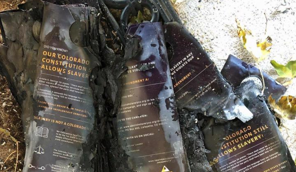 A photo of charred pro-Amendment A canvassing materials on Jumoke Emery-Brown's porch. He posted this to his Facebook page on Nov. 5, 2018. (Courtesy: Jumoke Emery-Brown)