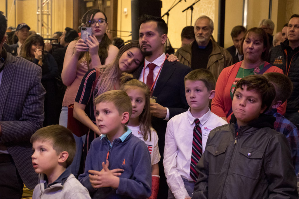 The crowd listens as Walker Stapleton makes a concession speech at the Colorado Republicans' election day party, Nov. 6, 2018. (Kevin J. Beaty/Denverite)