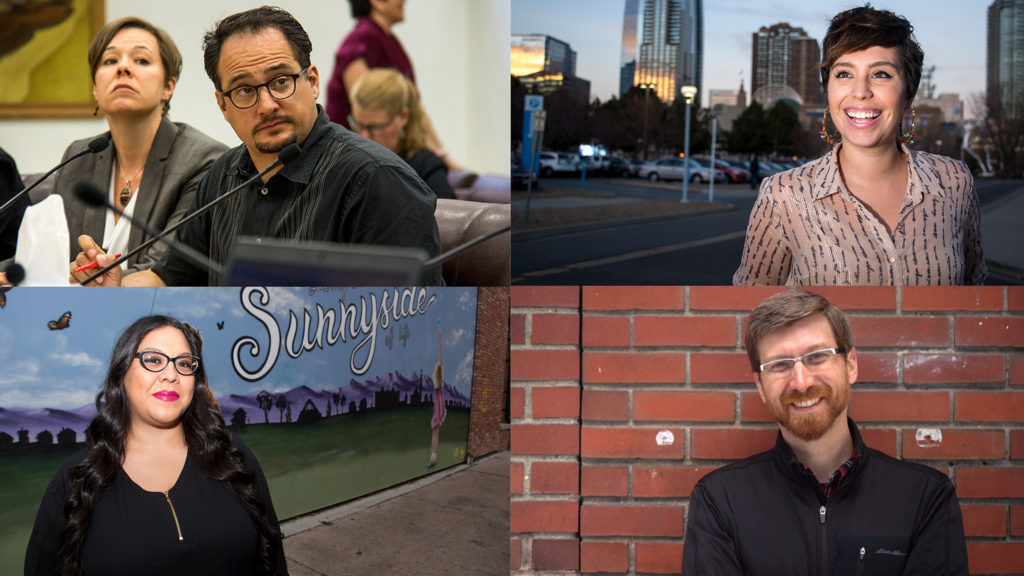 Denver City Council Rep. Rafael Espinoza (clockwise from top left) and challengers Raven Porteous, David Sabados and Victoria Aguilar. (Kevin J. Beaty/Denverite and courtesy: David Sabados)