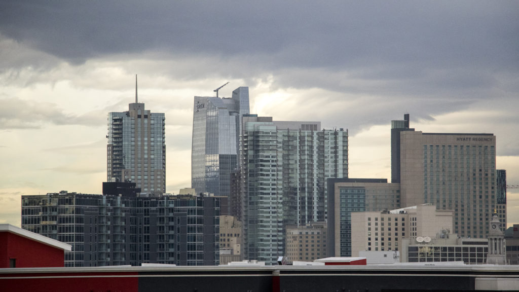 The Denver skyline seen from the 7S apartment building on 7th Avenue in Capitol Hill, Nov. 27, 2018. (Kevin J. Beaty/Denverite)