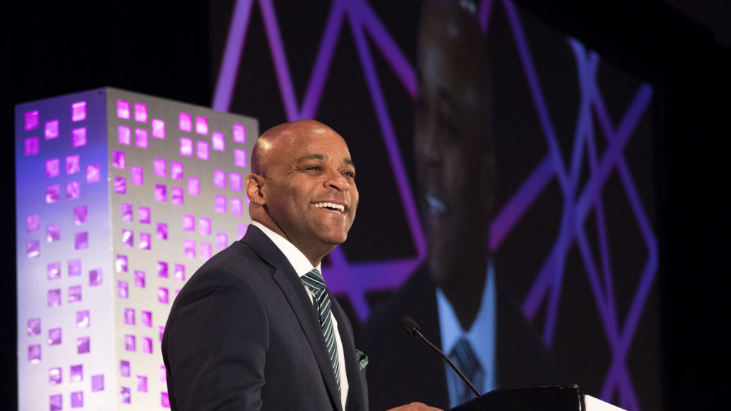 Mayor Michael Hancock speaks during the 2018 Sustainable Denver Summit at the Colorado Convention Center, Nov. 29, 2018. (Kevin J. Beaty/Denverite)