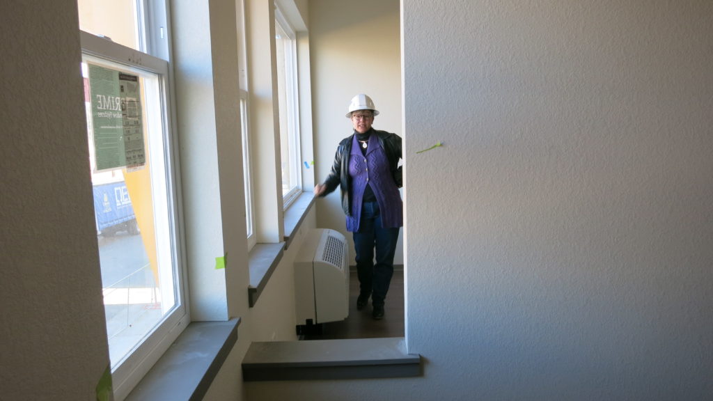Terrell Curtis, departing leader of The Delores Project, in one of the apartments she has helped develop that will house people who have experienced homelessness. (Donna Bryson/Denverite)