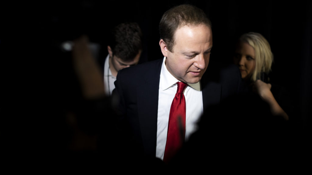 Jared Polis waits to walk on stage on Tuesday, Nov. 6, 2018. in Denver. (Aly McClaran for Denverite)