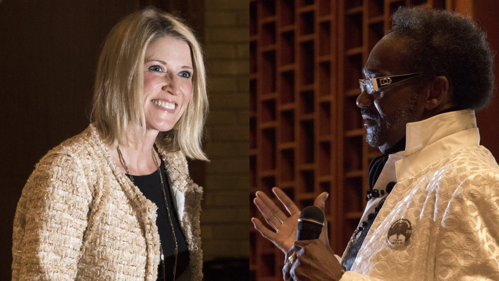 Jamie Giellis (left) and Chairman Seku speak at City Park Friends and Neighbors' second mayoral candidate forum at Messiah Lutheran Church, Dec. 4, 2018. (Kevin J. Beaty/Denverite)