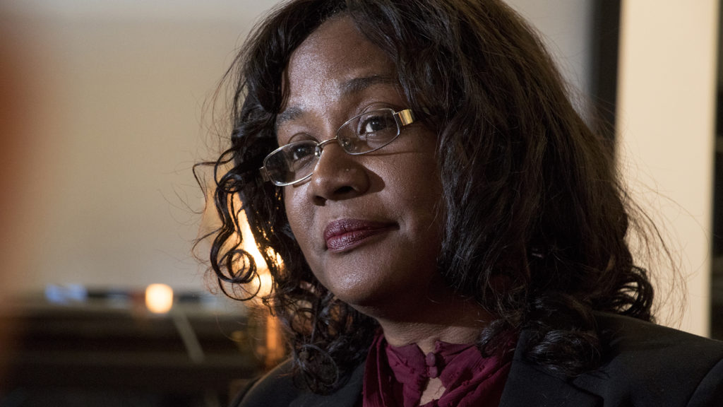 Denver mayoral candidate Leatha Scott speaks with a reporter, Dec. 7, 2018. (Kevin J. Beaty/Denverite)