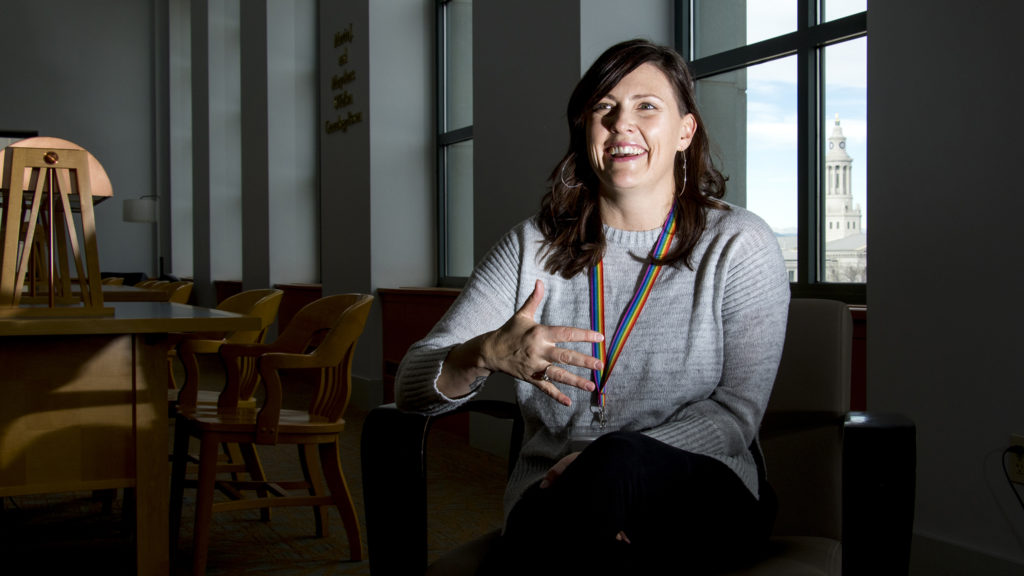 Denver Public Library community resource manager Elissa Hardy speaks with a reporter on the central branch's fifth floor, Dec. 12, 2018. (Kevin J. Beaty/Denverite)