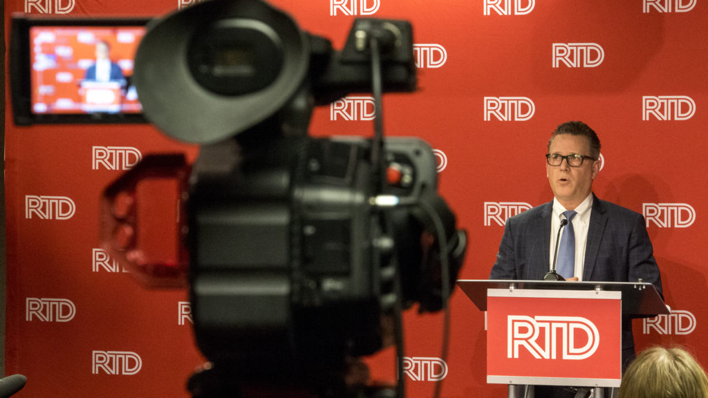 RTD General Manager and CEO Dave Genova speaks during a press conference the agency's downtown headquarters, Dec. 18, 2018. (Kevin J. Beaty/Denverite)