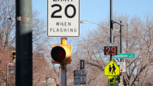 A live speed-reading sign on 6th Avenue near Josephine Street, Jan. 2, 2019. (Kevin J. Beaty/Denverite)