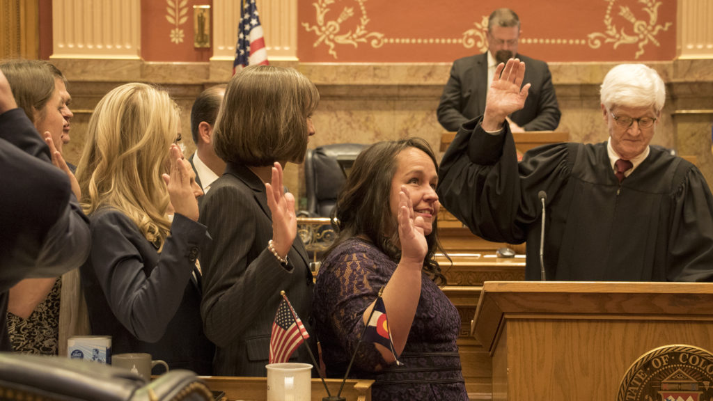 Colorado Chief Justice Nathan B. Coats swears a new class of state senators in on first day of the 2019 legislative session, Jan. 4, 2018. (Kevin J. Beaty/Denverite)