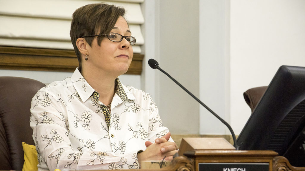 Denver City Councilwoman Robin Kniech reacts as a bill banning "conversion therapy" is passed, Jan. 7, 2018. (Kevin J. Beaty/Denverite)
