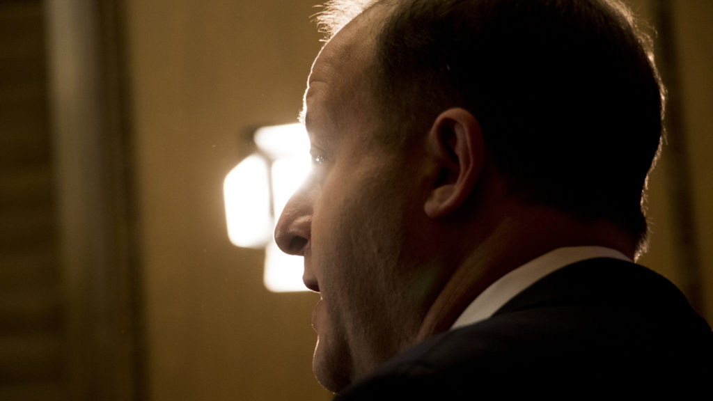 Newly inaugurated Governor Jared Polis speaks to the press in his office, Jan. 8, 2018. (Kevin J. Beaty/Denverite)