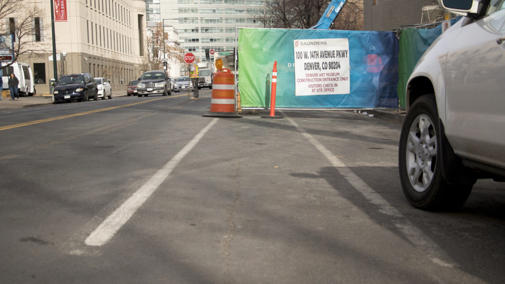 A Bannock Street bike lane is blocked by construction on the Denver Art Museum, Jan. 9, 2018. (Kevin J. Beaty/Denverite)