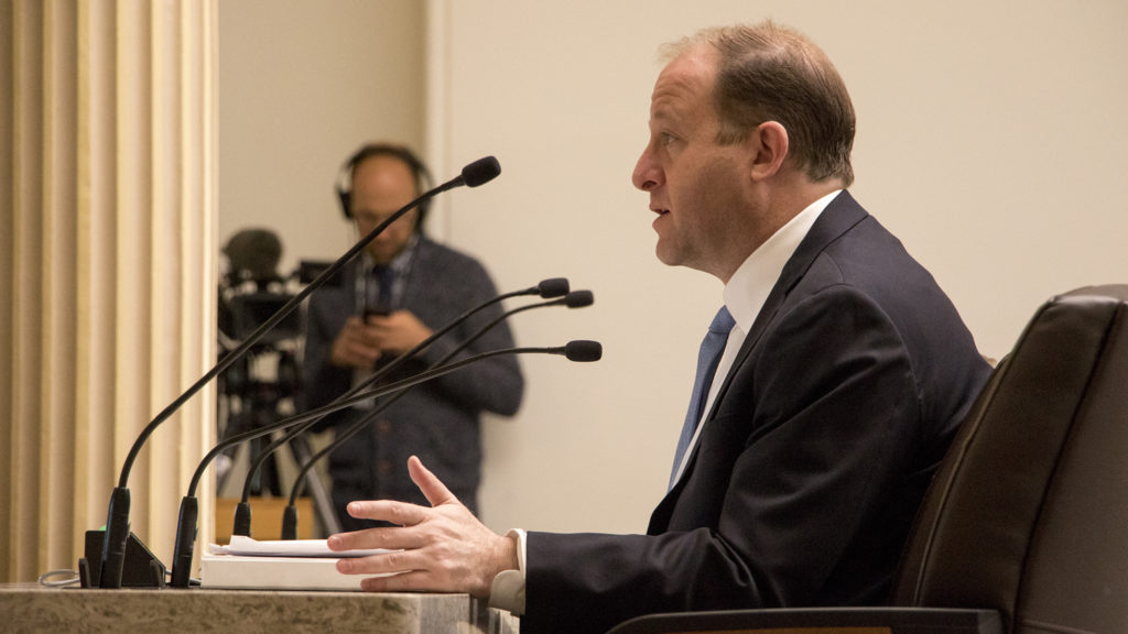 Governor Jared Polis addresses the joint House and Senate committee on education, Jan. 30, 2019. (Kevin J. Beaty/Denverite)