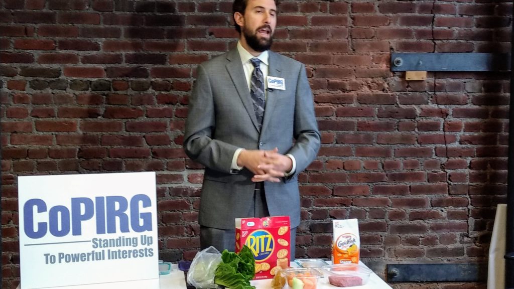 Danny Katz, director of the CoPIRG Foundation, at a Jan. 18 news conference about food safety. (Donna Bryson/Denverite)
