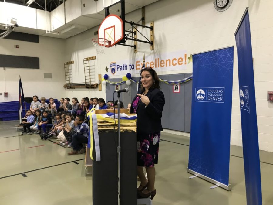 Susana Cordova addresses students at Barnum Elementary School on Jan. 7, her first day as Denver superintendent. (Melanie Asmar/Chalkbeat)