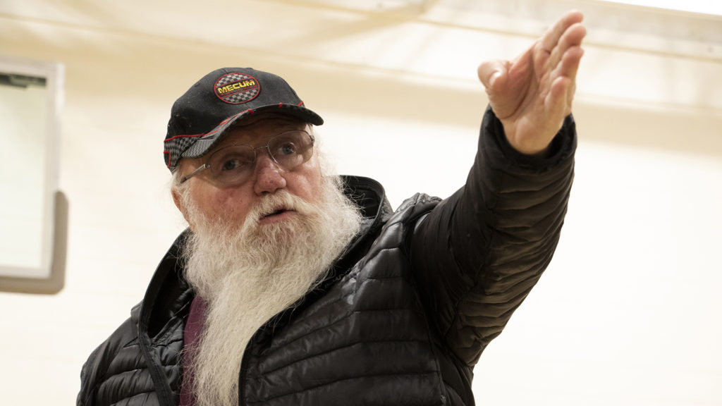 Dave Oletski speaks as Globeville residents meet with representatives from the city and the Beloved Community tiny home village, Feb. 7, 2019. (Kevin J. Beaty/Denverite)