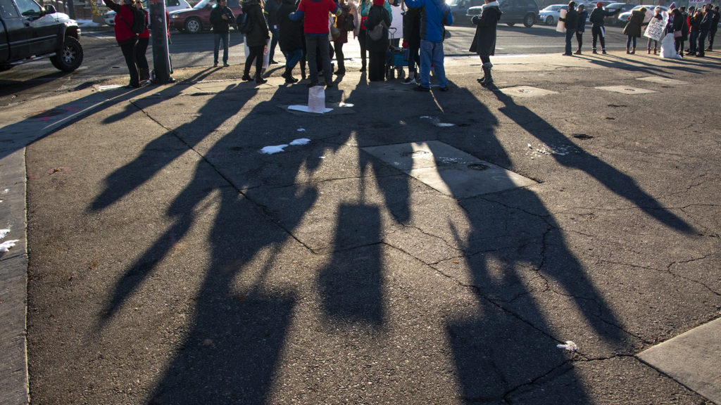 Kepner Beacon Middle School teachers picket on Federal Boulevard on day one of the Denver teachers' strike, Feb. 11, 2019. (Kevin J. Beaty/Denverite)