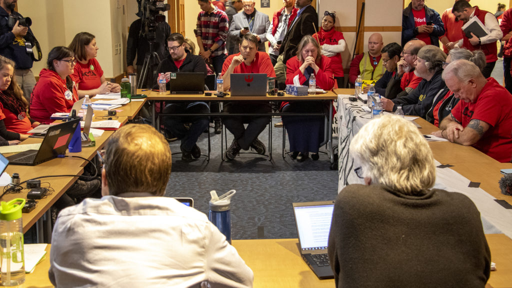 Rob Gould, lead negotiator for Denver's teachers union, goes over terms of a possible agreement with Denver Public Schools staff at the Denver Public Library, Feb. 12, 2019. (Kevin J. Beaty/Denverite)