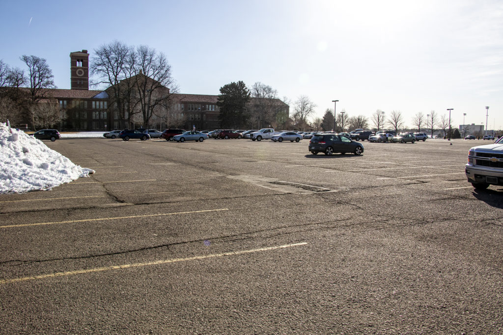The student parking lot at South High School is unusually empty on day two of the Denver teachers strike, Feb. 12, 2019. (Kevin J. Beaty/Denverite)